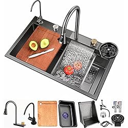 Fregadero Completo Fregadero de cocina negro de acero inoxidable con caída de agua en forma de cascada, lavabo con tabla de cortar, escurridor y desagüe 3 en 1 para uso doméstico, con grifos (gris oscuro, 68 x 45 cm)
