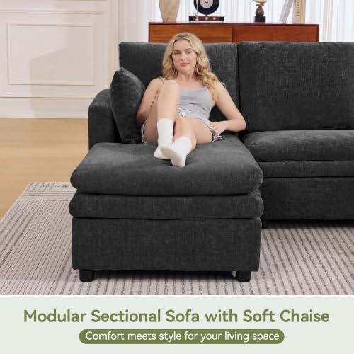 Image of 85 inch Sectional Couches with Left Chaise, Comfy Deep Dual-Layer Cushion Couch, 4 Seater L Shaped Couch, Modern Modular Sofa, Chenille Sofas for Living Room, Apartment, Grey