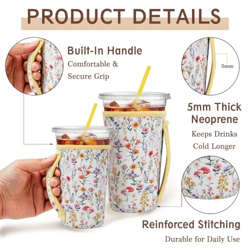 Image of KJQJLY 3 Reusable Iced Coffee Sleeves for Iced Coffee Cups or Drinks Reusable Neoprene Insulated Sleeves for Hot and Cold Drinks from Starbucks, Dunkin, And More (Wildflower)