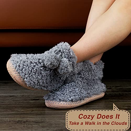 Image of cosyone1997 Cable Knit Slipper Socks for Women Non Slip Soft Sole | Fuzzy sherpa lining, gripper dots, flexible bootie coverage and machine washable care for warm, comfortable indoor wear