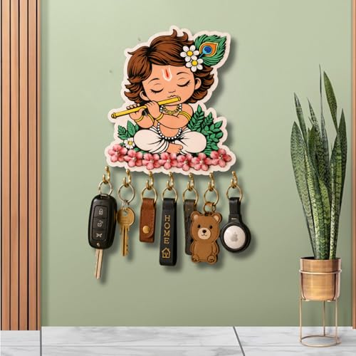 Image of Baby Krishna Wooden Key Holder for Wall | Krishna Flute MDF Key Stand with 6 Hooks | Decorative Wall Mounted Key Organizer for Home Entrance, Living Room & Office | Spiritual Gift Decor