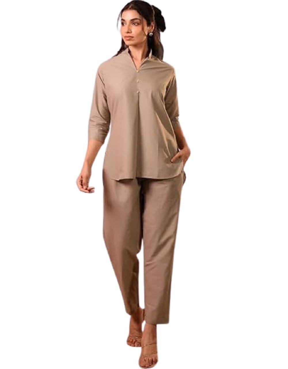 Rangrika.in Solid 3 Button Co Ord Set for Women Straight Fit Top and Pant Set Minimal Stylish Outfit for Office Wear Casual Daily Wear Comfortable Fashion (Warm Taupe-S)-picture-21