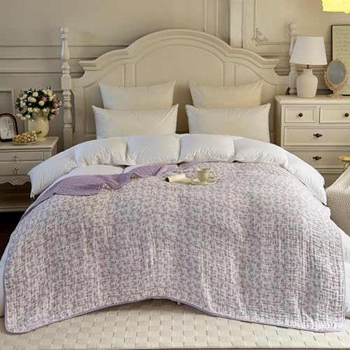 Image of Muslin Throw Blanket 100% Cotton 6-Layer Gauze Floral Pattern Cooling Blanket Lightweight Soft Breathable Quilt for All Season Both Sides for Sofa Bed (Floral Purple-a, Throw 50 inchx60 inch)