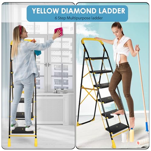 Image of Parasnath 6-Step Yellow Diamond Steel Foldable Ladder | Wide Anti-Skid Plastic Steps for Extra Grip, 6.2 FT Step Ladder, 6-Year Manufacturer Warranty, Made in India
