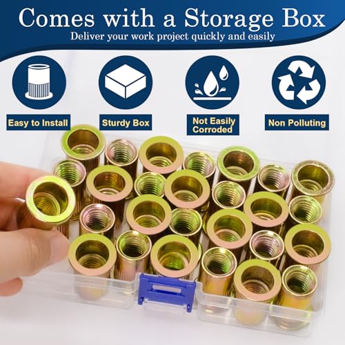 Image of 1 /2''-13 UNC Rivet Nut, 19Pcs Zinc Plated Finish Carbon Steel Flat Head Threaded Insert Nutsert Kit