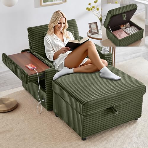 Thctvous Chaise Lounge Chair Indoor with Ottoman, Corduroy Sofa Bed with Table Board, USB Ports, Cup Holder & Pillow, Boneless Chaise Lounge for Storage Space Living Room Bedroom Apartment (Green)