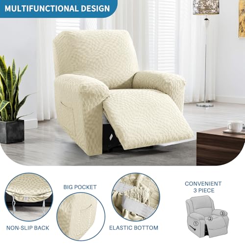 Image of 2026 Stretch Oversized Recliner Cover 3-Piece (36 inch-46 inch) Super Soft XL-Recliner Chair Covers with Big Pocket & Anti Slip Ties Stay in Place, Lazy Boy Reclining Slipcover Durable Washable, Beige