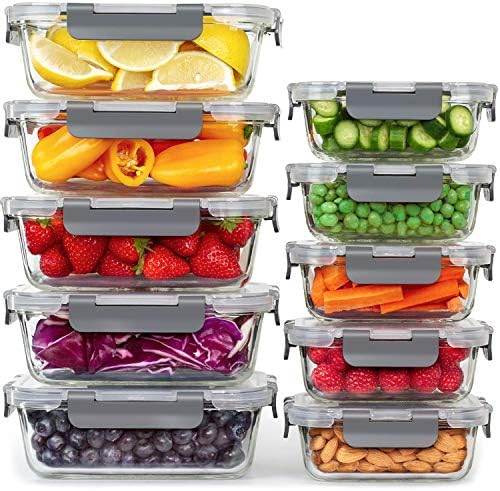 Glass Food Storage Containers – [10 Pack] Healthy Meal Prep Boxes with Airtight Lids – Airtight Glass, BPA Free & Leak Proof (10 Lids & 10 Containers)
