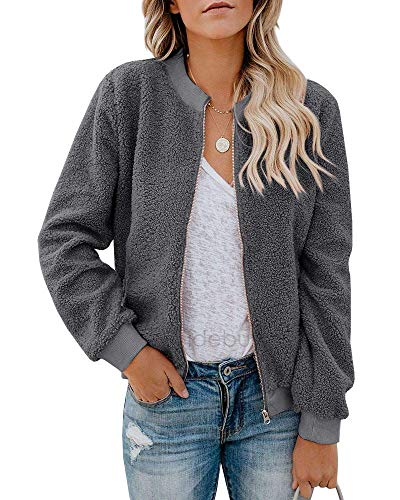 Rvshilfy Women Fleece Fuzzy Jacket Long Sleeve Faux Sherpa Casual Zip Up Bomber Coat Pocket #TOP24