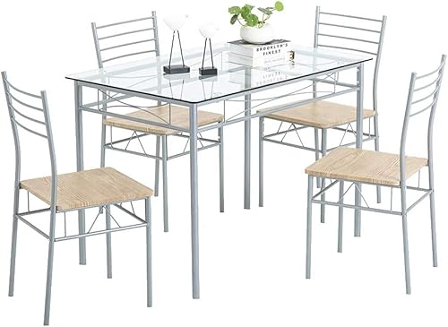 Miniatura 2 de Juego de mesa de comedor de cristal de 5 piezas, juego de mesa de comedor de metal moderno para 4, mesa de vidrio templado de cocina con 4 sillas de