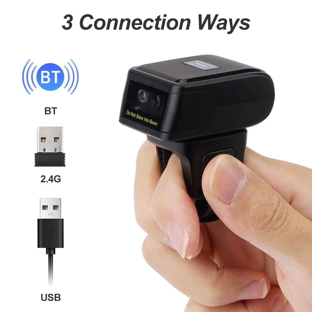 Marhynchus 2D Barcode Scanner Portable Finger Pinsive Hands Portable Ring Barcode Reader Wireless BT 2.4g Connexion pour la Bibliothèque de Supermarchés Express Company