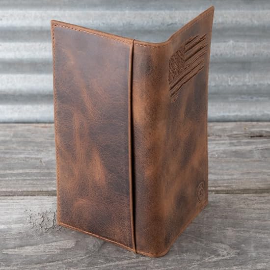 ARIAT Men's Rodeo Wallet with Distressed USA Flag and Shield Logo, Brown Genuine Leather, Multiple Compartments, 6-1/2" x 3-1/2"2