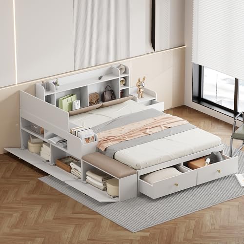 Massivholz-Kombi-Bett 140x200, Stauraum-Kopfteil Bett mit Staufach und Schubladen, Funktionsbett mit Nachttisch und Stauraum-Langschrank, Doppelbett Stauraumbett Tatamibett mit Sofabank und Lattenrost