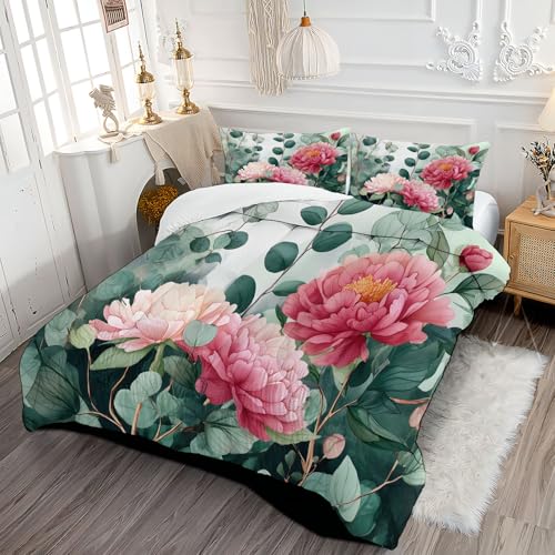Edredón Relleno Nórdico Cama 90 Nórdico 4 Estaciones Estampado Peonía Y Hojas De Eucalipto Edredón Plantas Y Flores Retro Suave y Ligero con Fundas 135x200cm, Verde