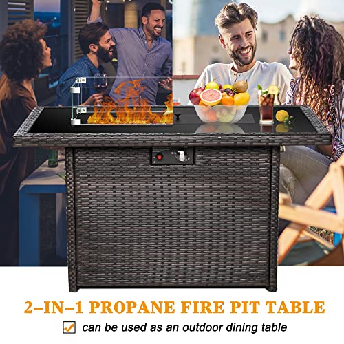 LayinSun 44" Propane Gas Fire Pit Table, 55000 BTU Rectangular Fire Pit with Glass Wind Guard for Outside Patio Deck Garden Backyard