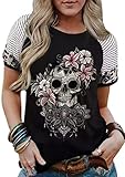 Skull Floral Shirt for Women Funny Skeletons Tee Shirt Mandala Vintage Graphic Shirt Striped Leopard T-Shirt Tee (X-Large, Black-3)