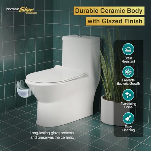 Image of Hindware Italian Collection Studio Commode for Bathroom |S-300 Trap |Made of Ceramic |12-year Manufacturer Warranty |3D Syphonic Flushing |Rimless |Duroplast /UF Seat Cover |Soft Close |One-Piece EWC