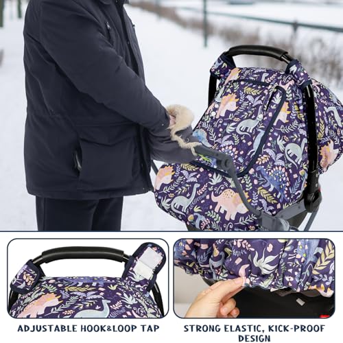 Image of Pea Pod Car Seat Cover Baby, Infant Car Seat Canopy Covers for Newborn with 2 Layers Windows of Breathable Mesh Fabric, Lightweight Polyester /Soft Minky Dot Backing (Dinosaur)