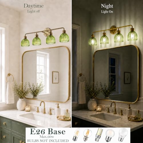 Image of 4-Light Gold Brass Bathroom Light Fixture,Wall Sconces,Brushed Gold Vanlity Light Over Mirror,Bathroom Vanity Light with Green Glass Flower Shade,E26 Socket(Bulbs Not Included)