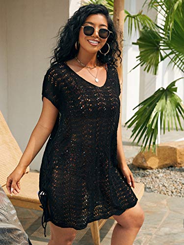 Romwe Women's Plus Size Short Sleeve Bathing Suit Cover Up Crochet Swim Beach Dress Black 3Xl #TOP2
