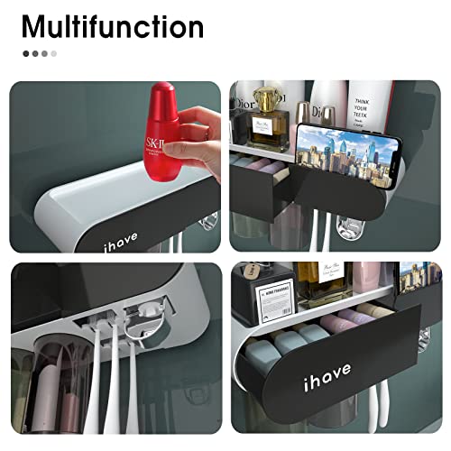 Ihave Toothbrush Holders Bathroom Organizer, 2 Cups Toothbrush Holder Wall Mounted With Toothpaste Dispenser Bathroom Accessories Set, Black Tooth Brushing Holder Bathroom Decor For Home Or Apartment #TOP5