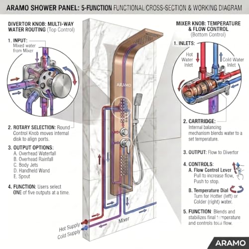Image of ARAMO Shower Panel - Wave with Waterfall Shower, Massage Jet, 5 Water Functions (Rose Gold)