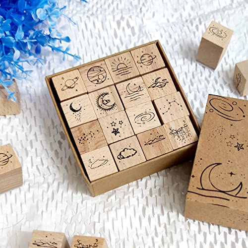 Vtapliea 32pcs Wood Rubber Stamps Set Sun & Moon Decorative Rubber Stamp for DIY Craft, Card Making, Scrapbook, Diary, Letter, Birthday Cards