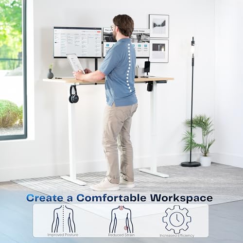 Image of VIVO Light Wood 55 x 28 in Standing Desk, DESK-KIT-1W55C | Electric, Holds 220 lbs, Sit Stand, Height Adjustable, Solid One-Piece Table Top, Memory Presets, 1B Series, White Frame