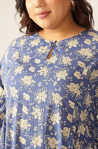 Image of Janasya Women's Plus Size Blue Pure Cotton Floral Printed Fit & Flare Dress