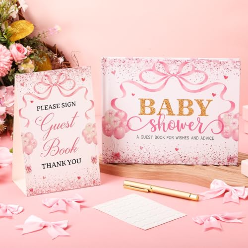 Image of Fuyoooo 27 Pcs Bow Baby Shower Guest Book Baby Shower Sign in Guest Book Reception with Sonogram Page Keepsake Includes Gold Pen Table Card and Adhesive Photo Corner for Birthday