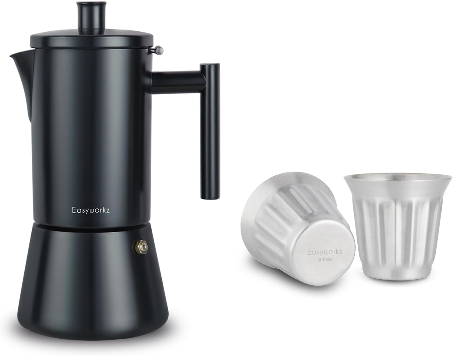 Easyworkz Diego Stovetop Espresso Maker Stainless Steel Bundled with Stainless Steel Double-Wall Espresso Cups