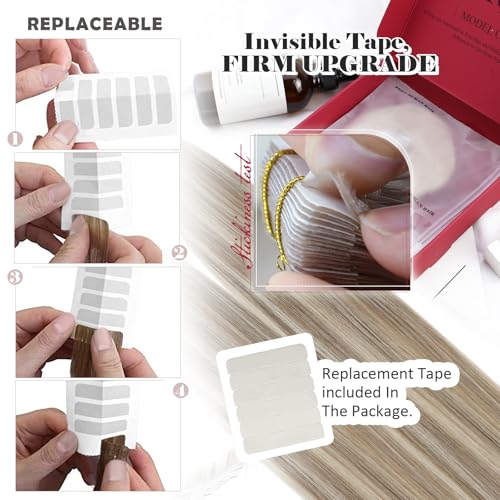 Moresoo Tape in Hair Extensions Human Hair Light Brown with Platinum Blonde Hair Extensions Tape in Real Human Hair 10 Inch 20 Pieces/30G #P9A/60 - Image 4