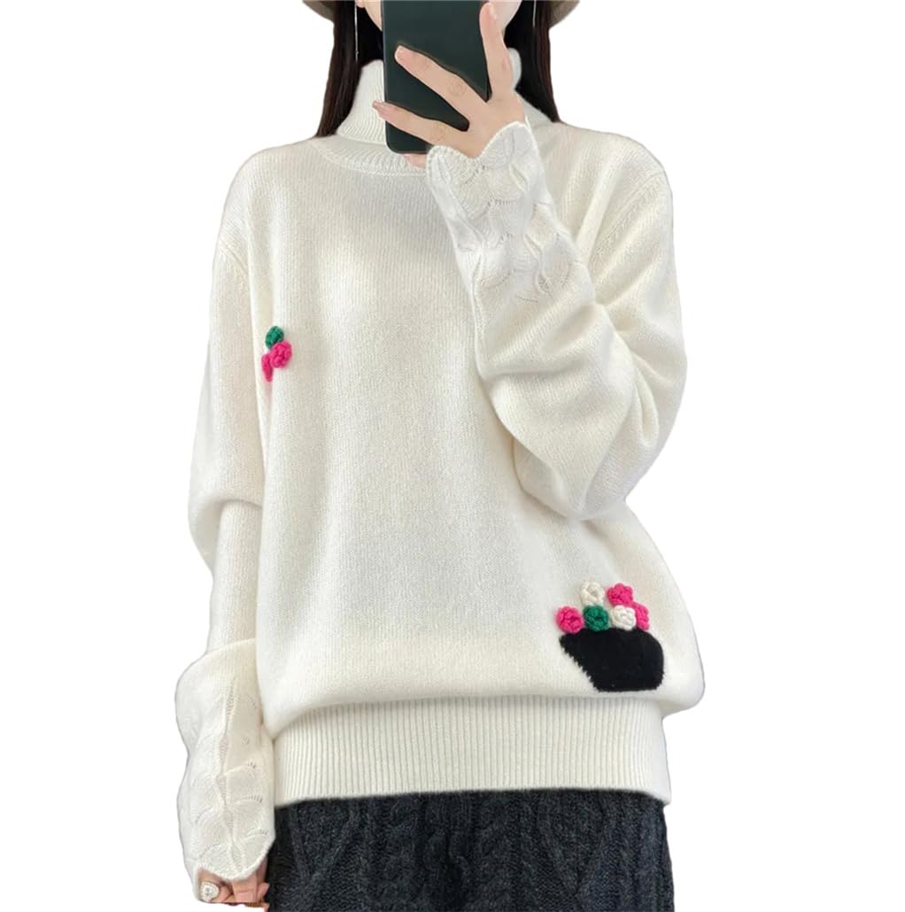 Suéter bordado de cuello alto para mujer, suéter de punto suelto para otoño e invierno