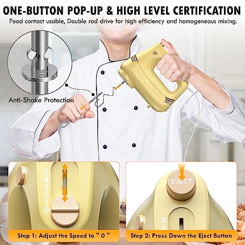 Image of GUALIU Electric Hand Mixer with Stainless Steel Whisk, Dough Hook Attachment and Storage Bag, Handheld Mixer for Baking Cakes, Eggs, Cream Food Mixers. Turbo Boost /5 Speed Kitchen Blender Yellow