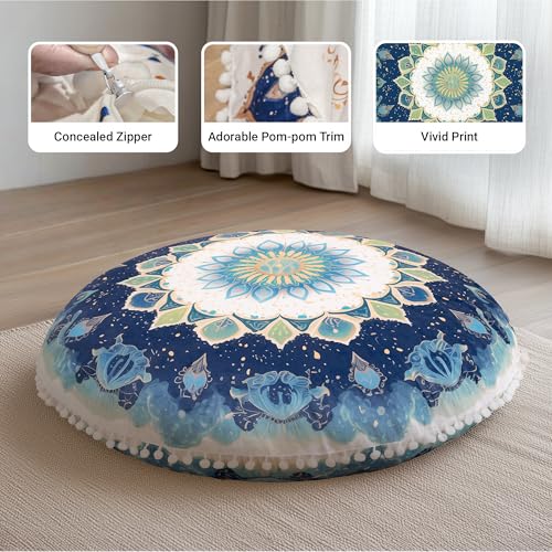 DAWNYIELD Meditationskissen für den Boden, Runde Sitzkissen mit waschbarem und abnehmbarem Bezug, 80 cm Großes Ergonomisches Yogakissen mit Pompon-Dekor, Für Innen- und Außenbereich, grün