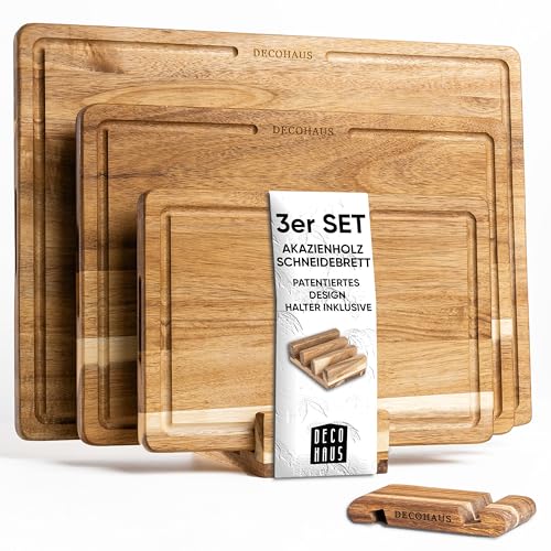 Deco haus Schneidebrett Holz 3er Set aus Robustem Akazie [2cm DICKE] - Schneidebretter mit Saftrille - Holzbrett Küche 40x30, 33x24, 26x18 Holzbretter - Wooden Cutting board set - Holzschneidebrett