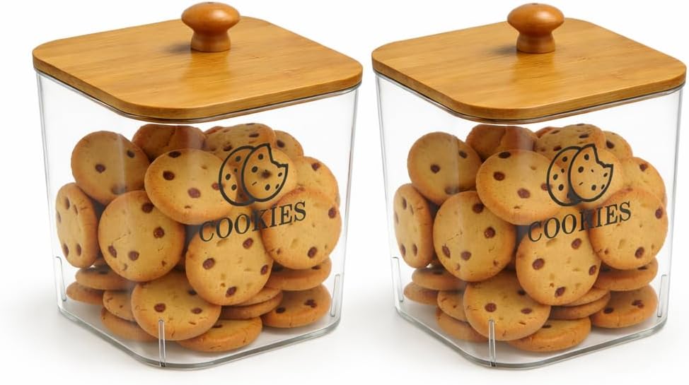 2 Pack Biscuit Tin with Wooden Lid, 2L Plastic Cookie Jar for Kitchen, Airtight Biscuit Barrel with Wide Mouth, Sweet Jars for Candy Buffet, Food Storage Container for Biscuits and Snacks, BPA-Free