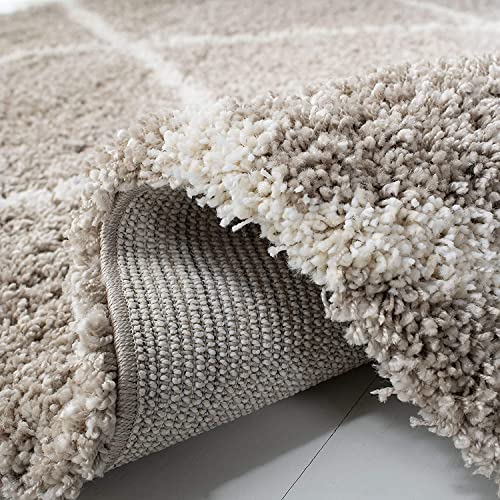 Image of Trellis Design Microfiber Hand Woven Shaggy Carpet Collection with 2 inch Pile Height Carpet for Living Room Size 5x5 feet Square coular Beige /Ivory