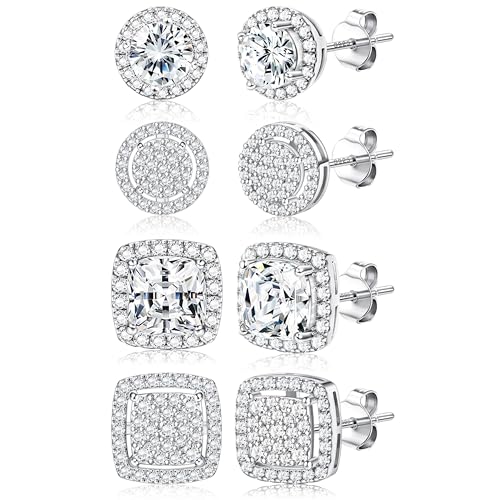 Dochais 4 Paia Orecchini Argento 925 Uomo Donna Orecchini Diamante Zirconi Cubici Quadrati Rotondi Brillantino Set Orecchino a Bottone Ipoallergenici Placcati Oro 14K Orecchino Simulato Halo