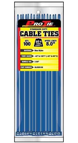 Pro Tie Standard Duty, Self-Locking Nylon Cable Wire Ties for Indoor and Outdoor Use | 8-Inch, 50 lbs. Tensile Strength, Blue Nylon, 100-Pack (PN: BL8SD100)