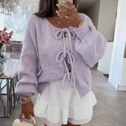 Image of Women Casual Bow Tie Front Cardigan Sweater Solid Crew Neck Long Sleeve Self Tie Open Front Knit Sweater Top Fall