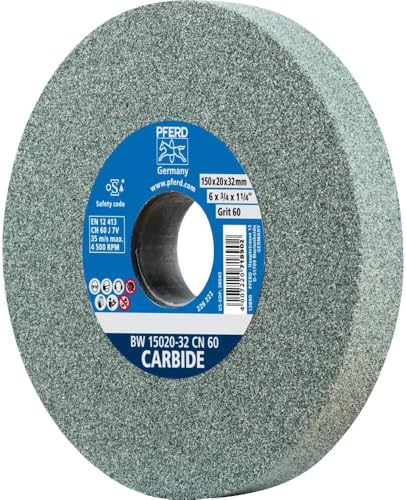 PFERD TOOLS Schleifbockscheibe CARBIDE, 150x20x32, SiC 60, 39008570 – Weiche, aggressive Schleifscheibe für harte Materialien, z. B. Hartmetall, mit Reduzierhülsen (25/20/16mm)