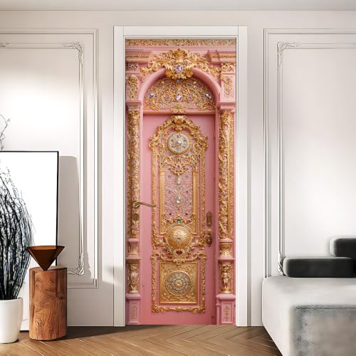 Image of Pink Baroque Door Mural, Ornate Gold Door Cover, 30.3x78.7in