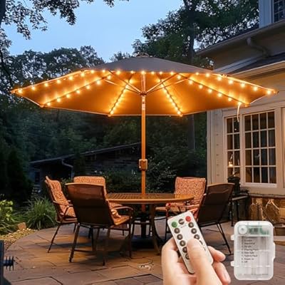 Patio Umbrella Lights 120 LED Cordless Lights for Outdoor Umbrella with Remote Control Battery Operated Parasol Ambient Lighting for 7-11 Feet Backyard Pool and Beach Umbrella Décor (Warm White)