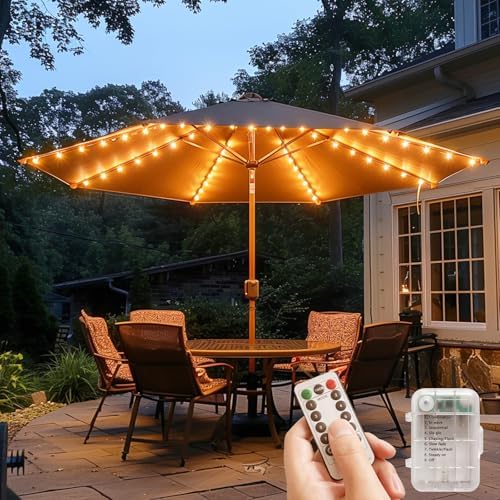 Patio Umbrella Lights 120 LED Cordless Lights for Outdoor Umbrella with Remote Control Battery Operated Parasol Ambient Lighting for 7-11 Feet Backyard Pool and Beach Umbrella Décor (Warm White)