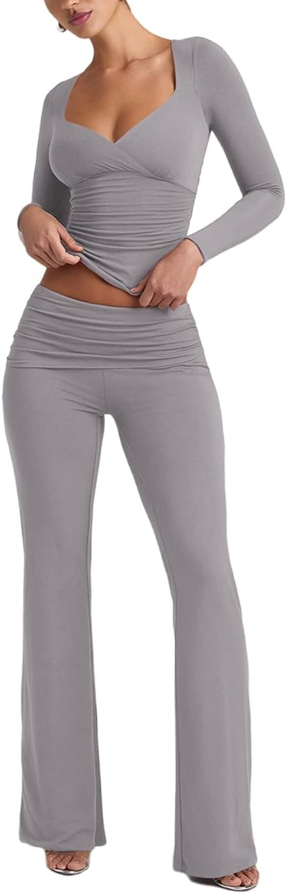 Lrady Womens 2 Piece Outfits Lounge Sets Lightweight Long Sleeve Crop Tops Fold Over Flare Pants Tracksuits
