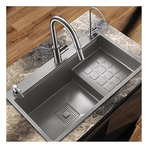 Grand évier de cuisine encastrable en acier inoxydable 304 avec revêtement Nanotech ultra silencieux, drainage complet, gris, 78 x 46 cm, durable, élégant,...