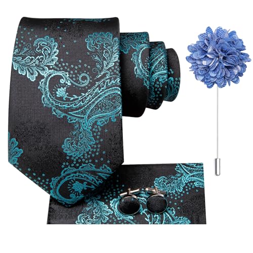 Image of Hi-Tie Men's Tie Lapel Pin Set Pocket Square Cufflinks Formal Woven Silk Tie Sets Wedding Party