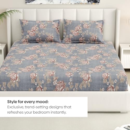 Image of Rivermoor 200 TC Ultrasoft Bed Sheet Double Bed | Queen Size Bed Sheet with 2 Pillow Covers | Elastic Fitted Bedsheet | Grey Floral Print | 72 x 78 x 10 Inches | Soft, Breathable & Easy Care