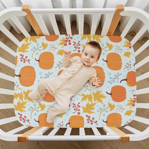 Image of Caikeny Halloween Fitted Crib Sheet for Boys Girls Autumn Leaves Pumpkin Berries Baby Crib Sheets Bassinet Sheets Crib Mattress Bed Sheets for Toddler Newborn Infant 27 x 39 in
